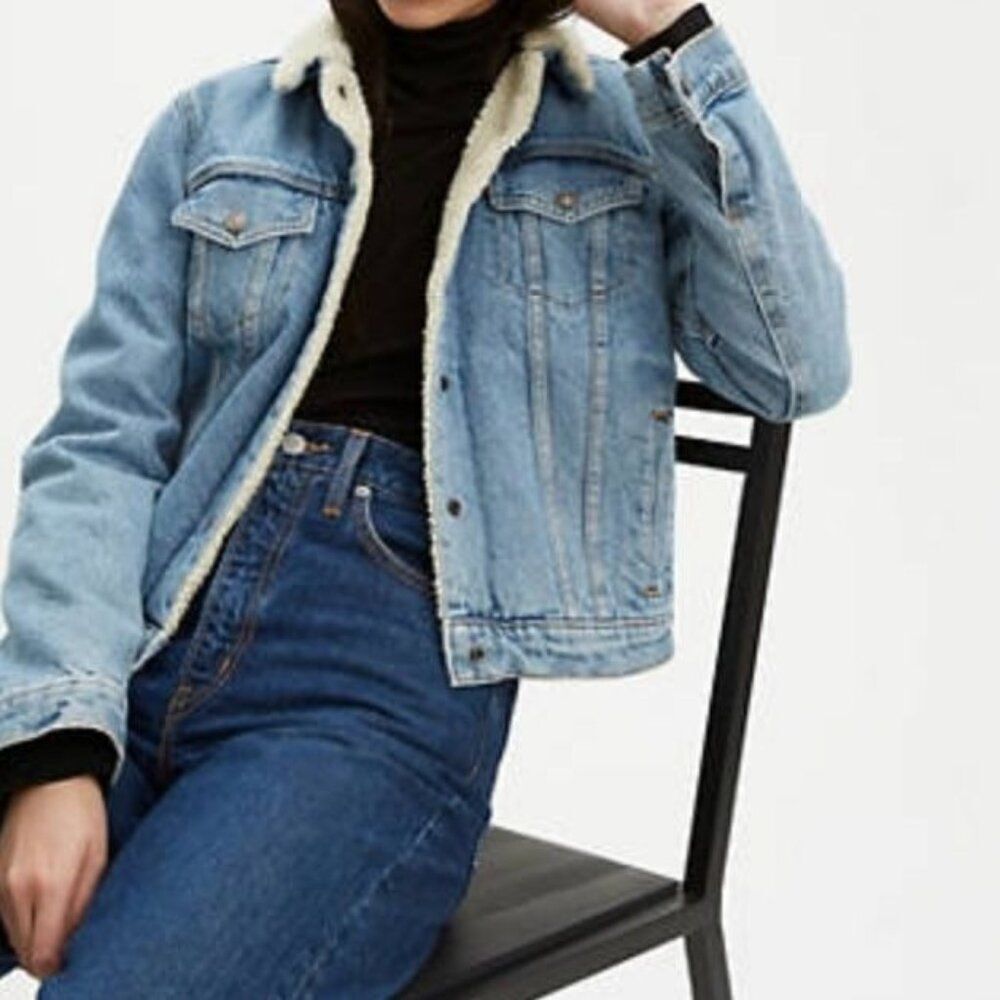 Levi's NWT Sz XS Slim Fit Divided Blue Original Sherpa Trucker Jean Jacket - Picture 10 of 12